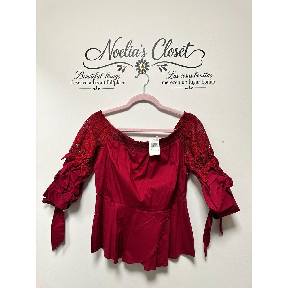 Active USA Burgundy Off Shoulder Crochet Lace Ruffle Sleeve Peplum Top Large NWT